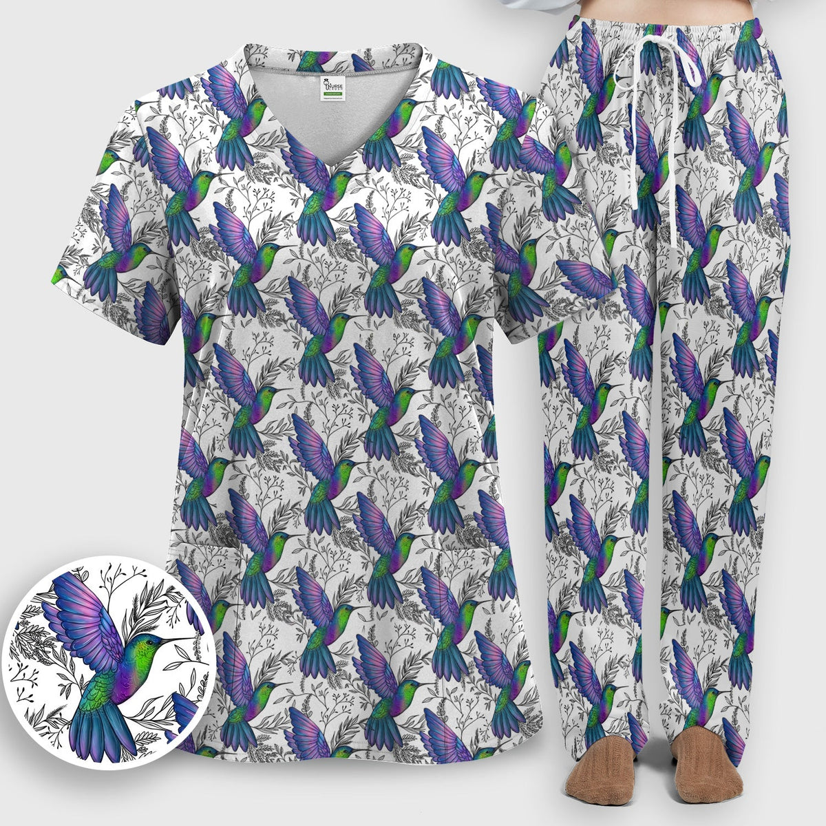 Colorful Hummingbird Botanical Nurse Scrub Set