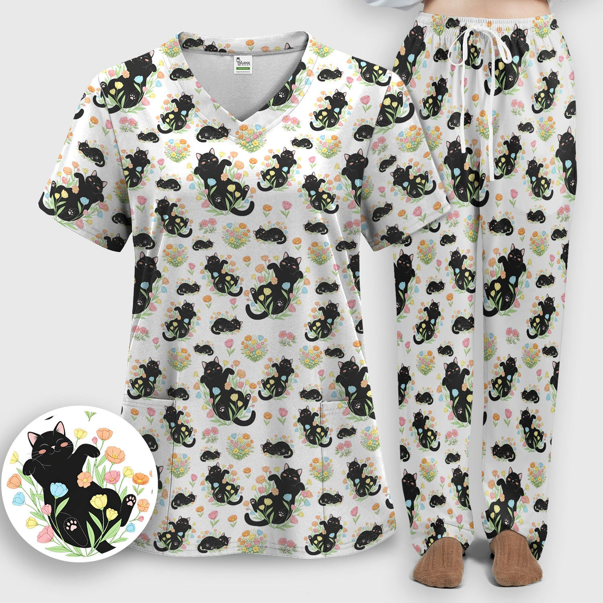 Cats Cute Poses Floral Nurse Scrub Set