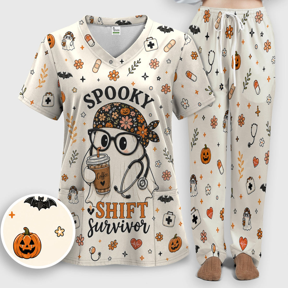 Shift Survivor Ghost Nurse Scrub Set - Halloween Gift