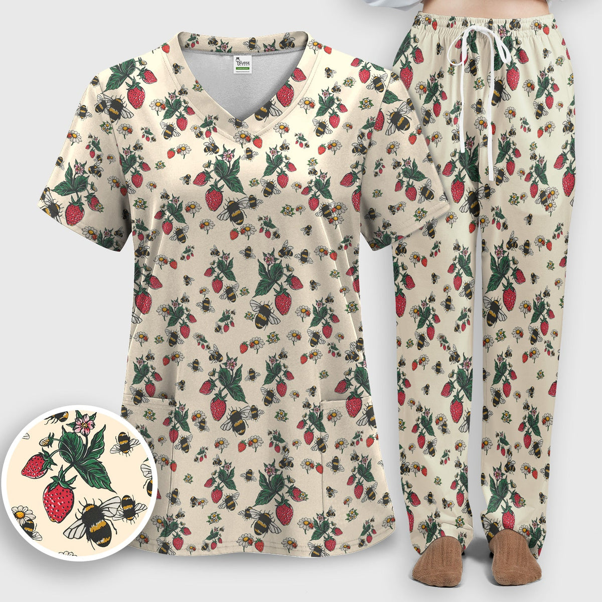 Strawberry Bee Daisy Nurse Scrub Set