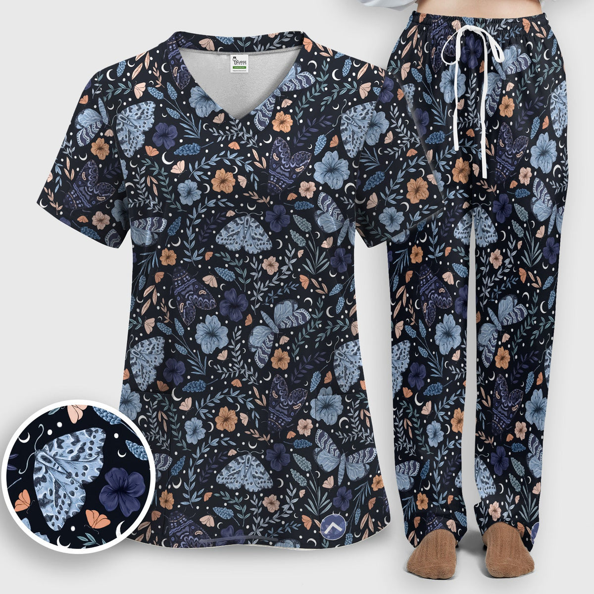 Night Moth Butterfly Floral Nurse Scrub Set