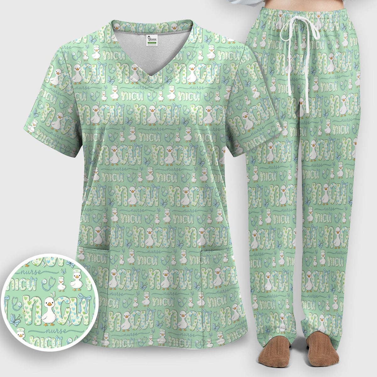 NICU Nurse Duck Pattern Scrub Set, Scrub Pants and V Neck Top