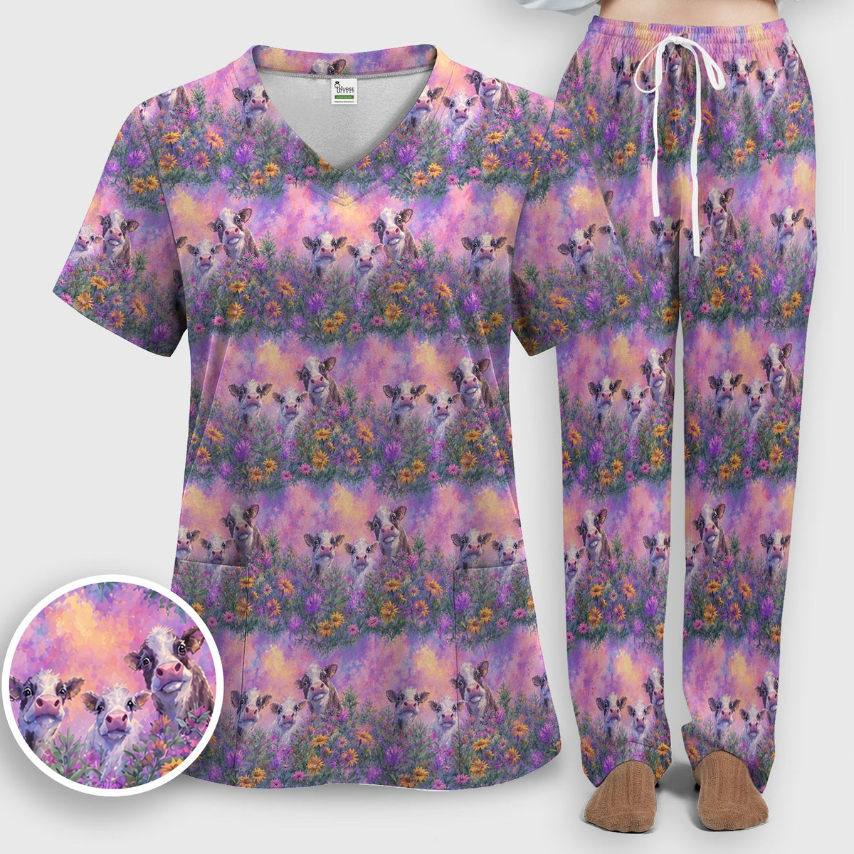 Pastel Cow Meadow Flower Nurse Scrub Set