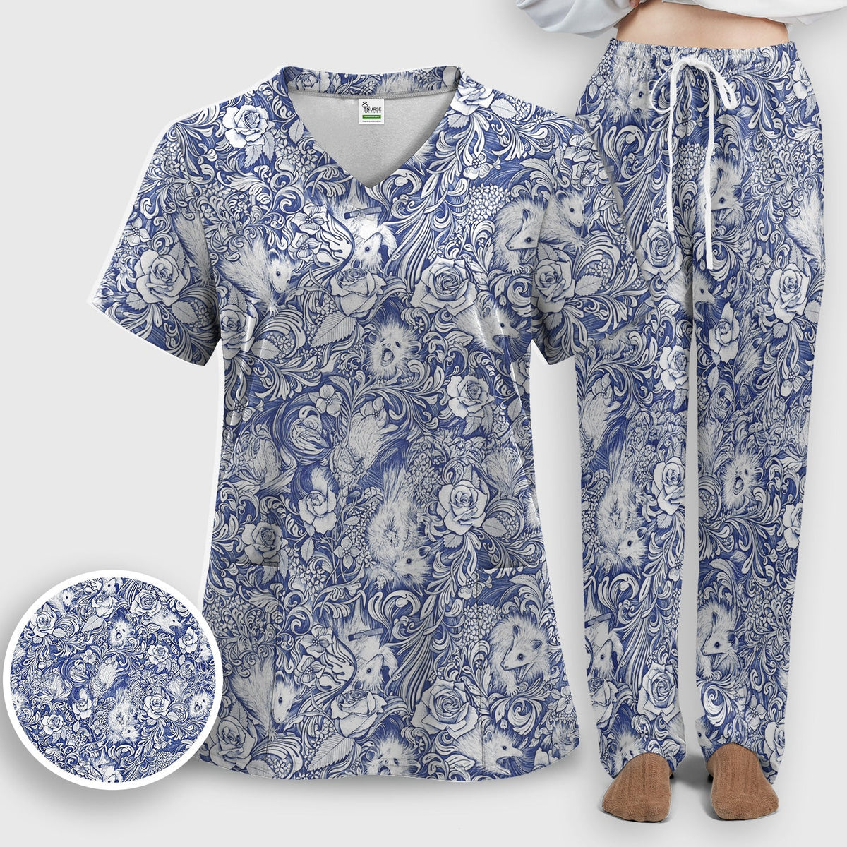 Blue Floral Opossum And Roses Nurse Scrub Set