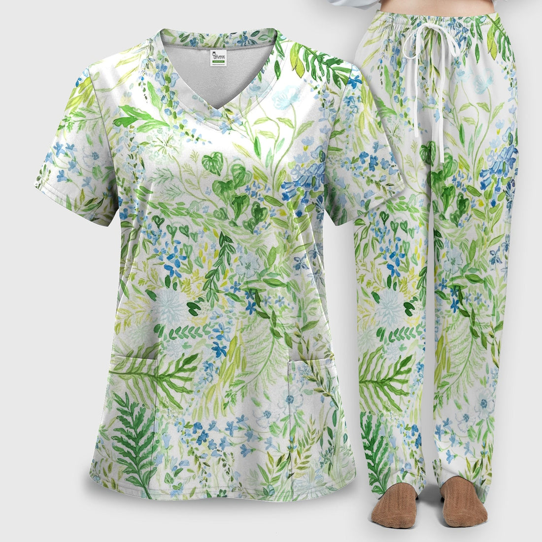 Green Botanical Floral Nurse Scrub Set