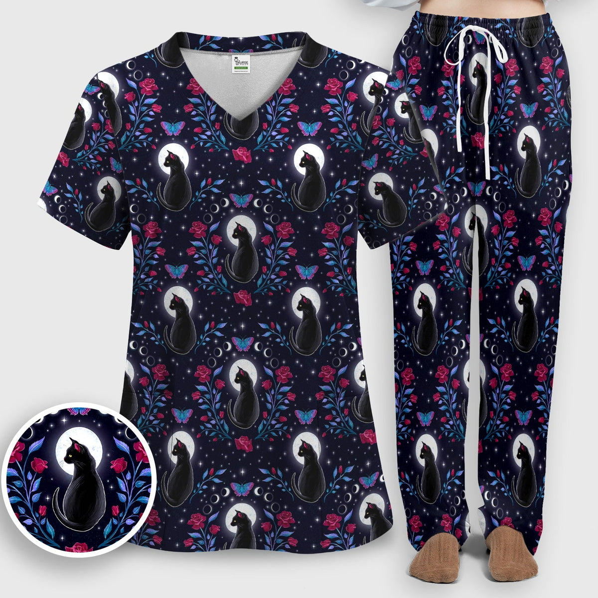 Black Cat Moon Rose Nurse Scrub Set