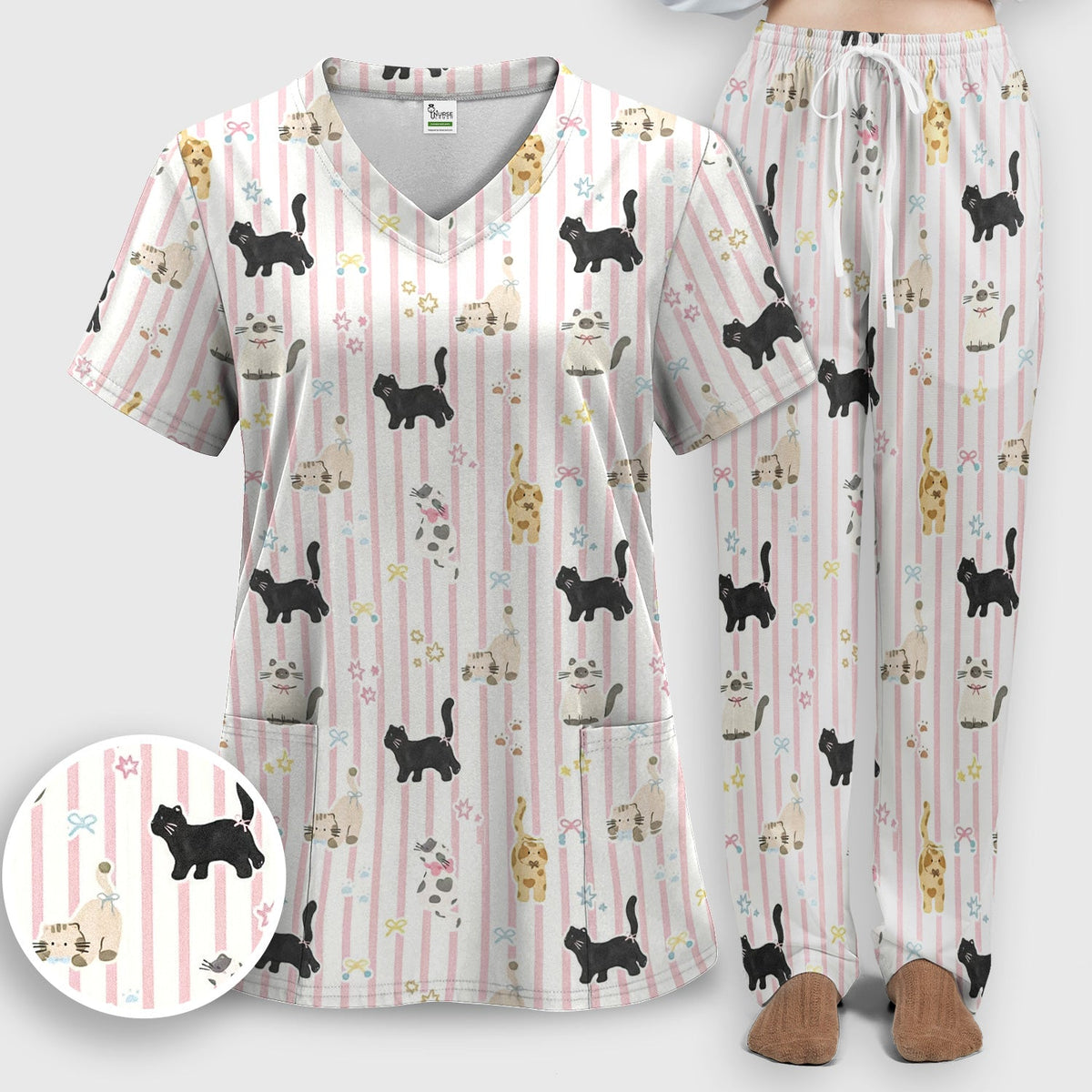 Playful Cat Stripe Ribbon Nurse Scrub Set