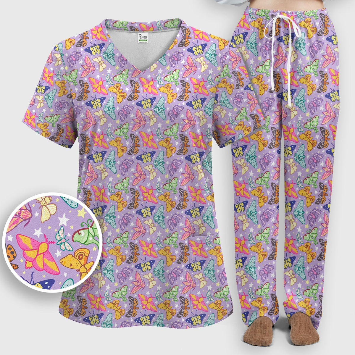 Colorful Butterfly Moth Garden Nurse Scrub Set