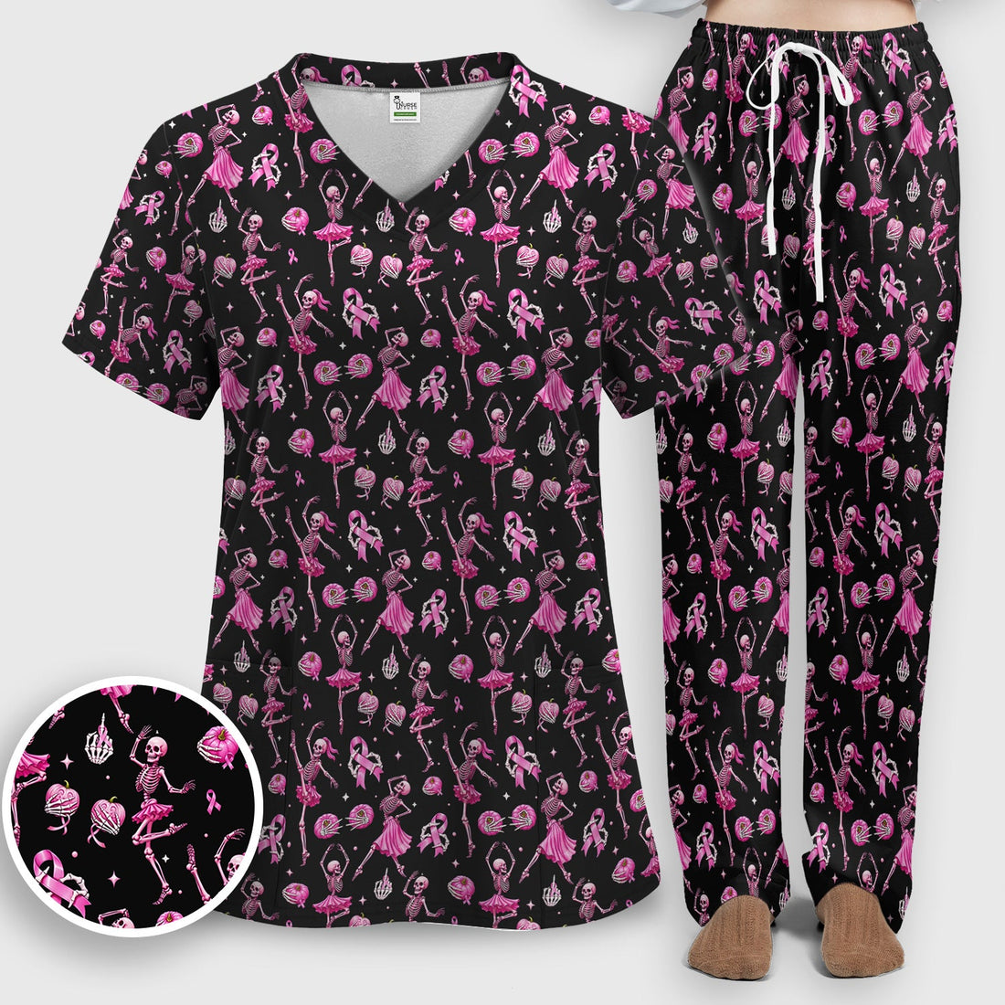 Pink Ribbon Skeleton Ballerina Breast Cancer Nurse Scrub Set