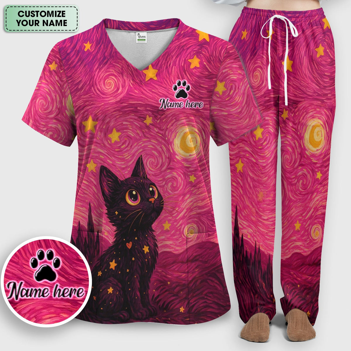 Personalized Black Cat Galaxy Star Swirl Nurse Scrub Set