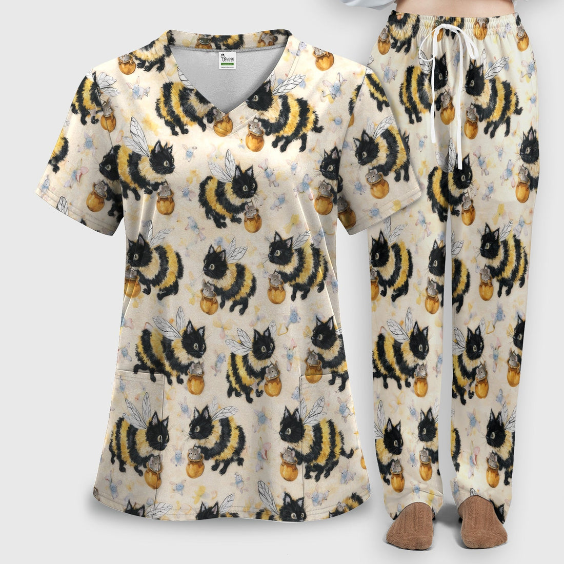 Adorable Bumblebee Cat Honey Jar Nurse Scrub Set