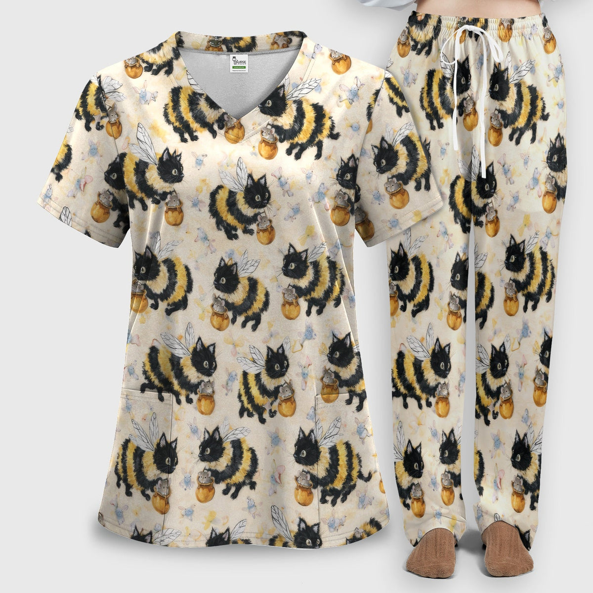 Adorable Bumblebee Cat Honey Jar Nurse Scrub Set