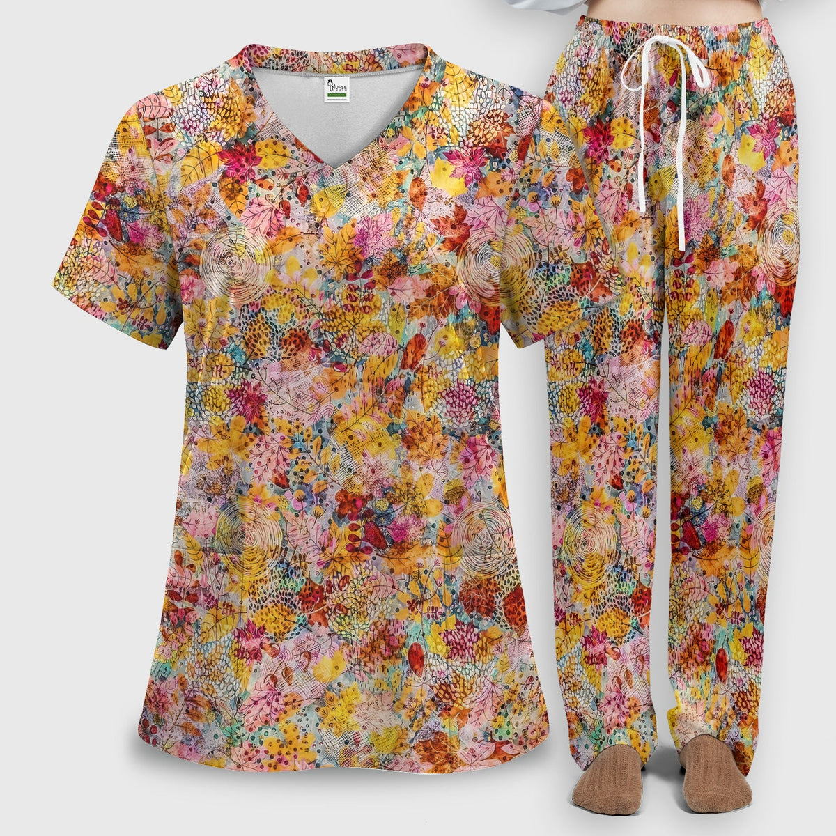 Autumn Floral Leaves Nurse Scrub Set