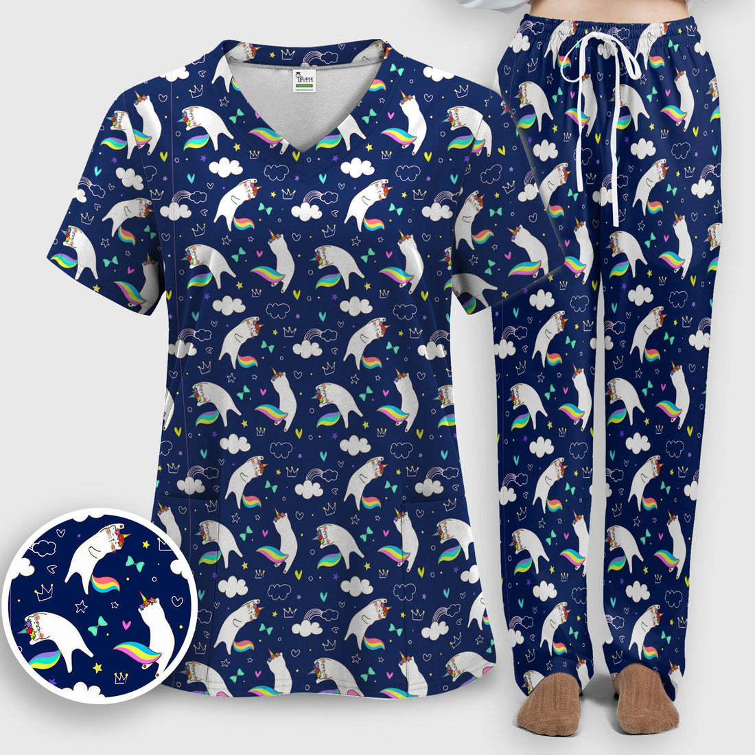 Unicorn Cat Rainbow Tail Clouds Nurse Scrub Set