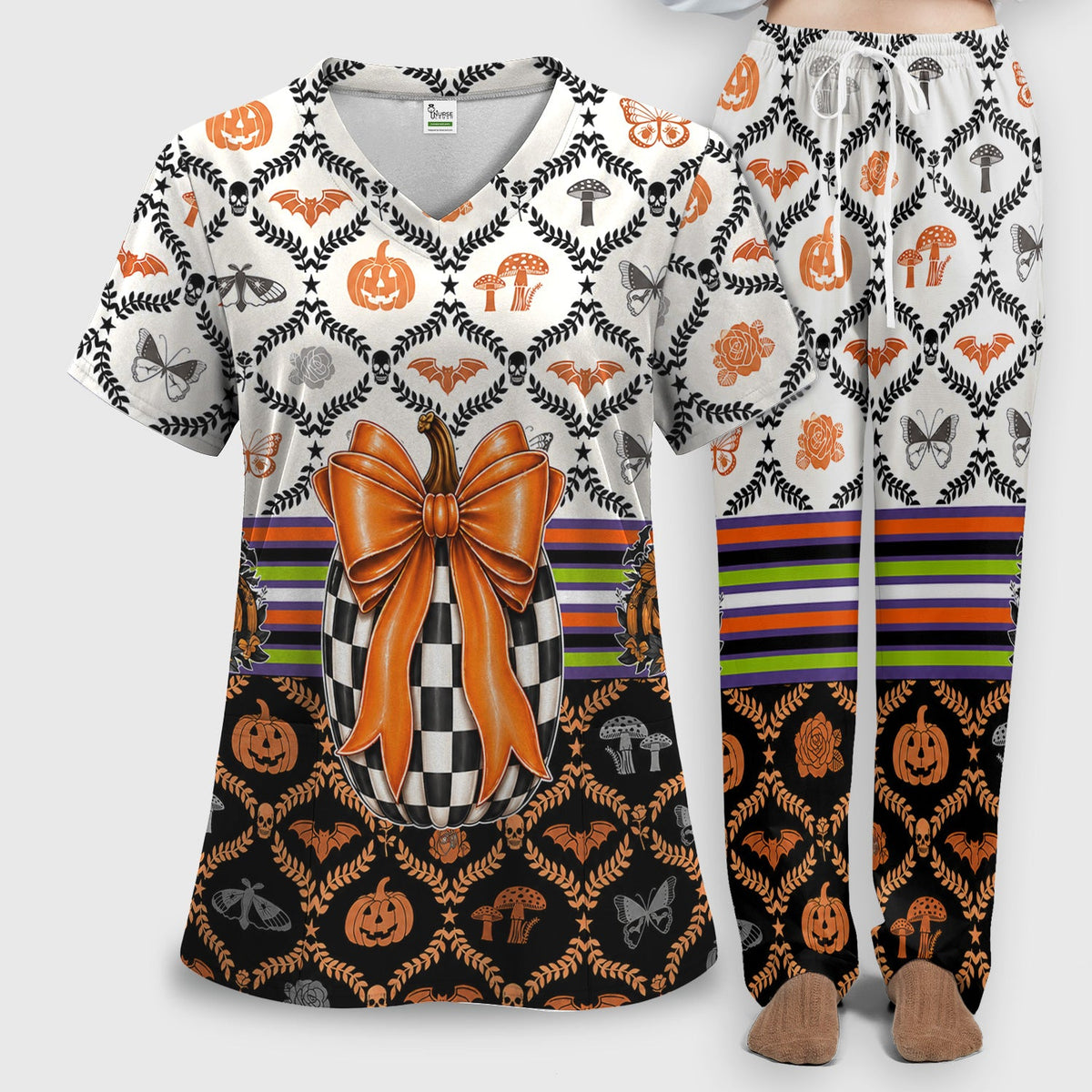Checkered Pumpkin Bow Nurse Scrub Set - Halloween Gift