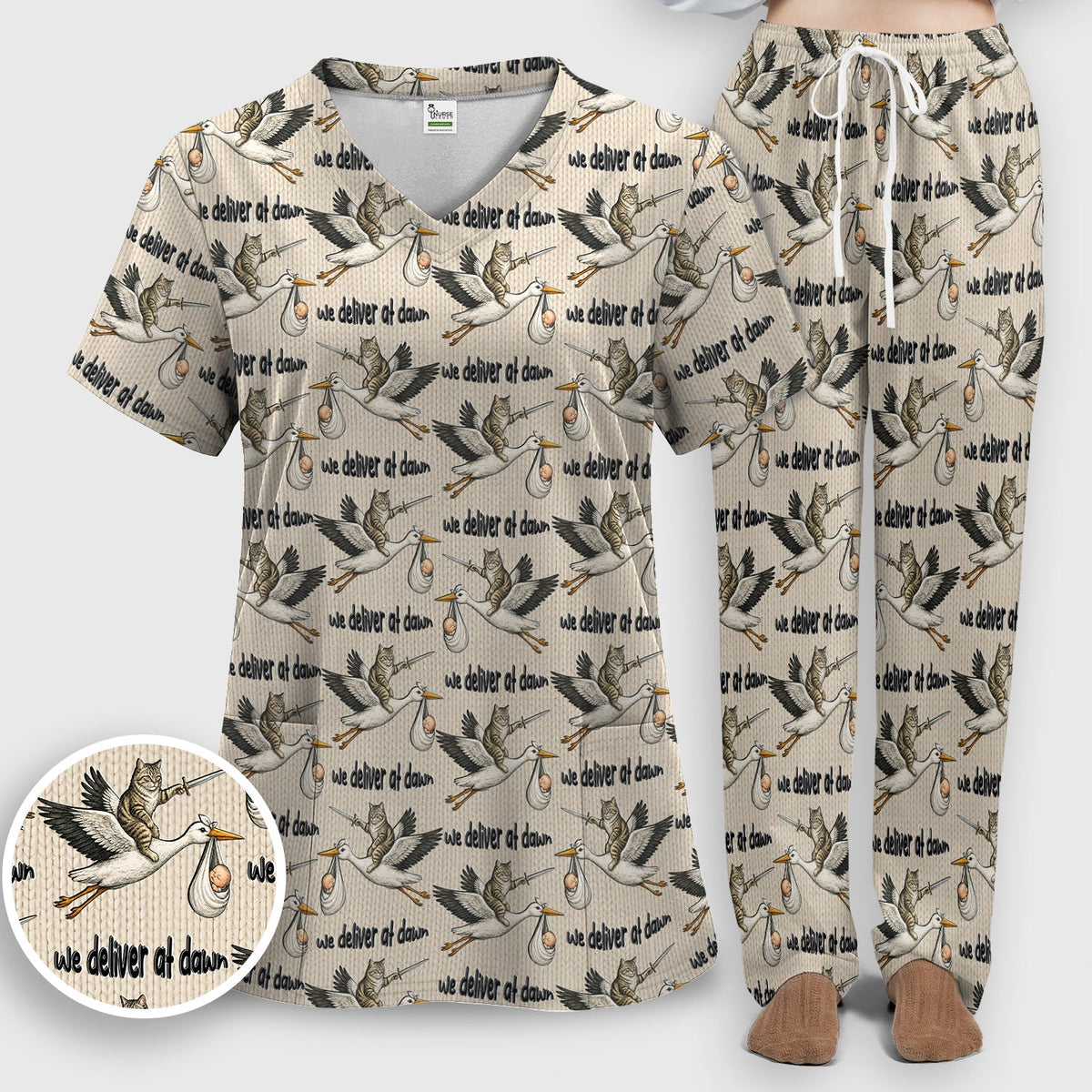 Stork Cat Delivery Nurse Scrub Set