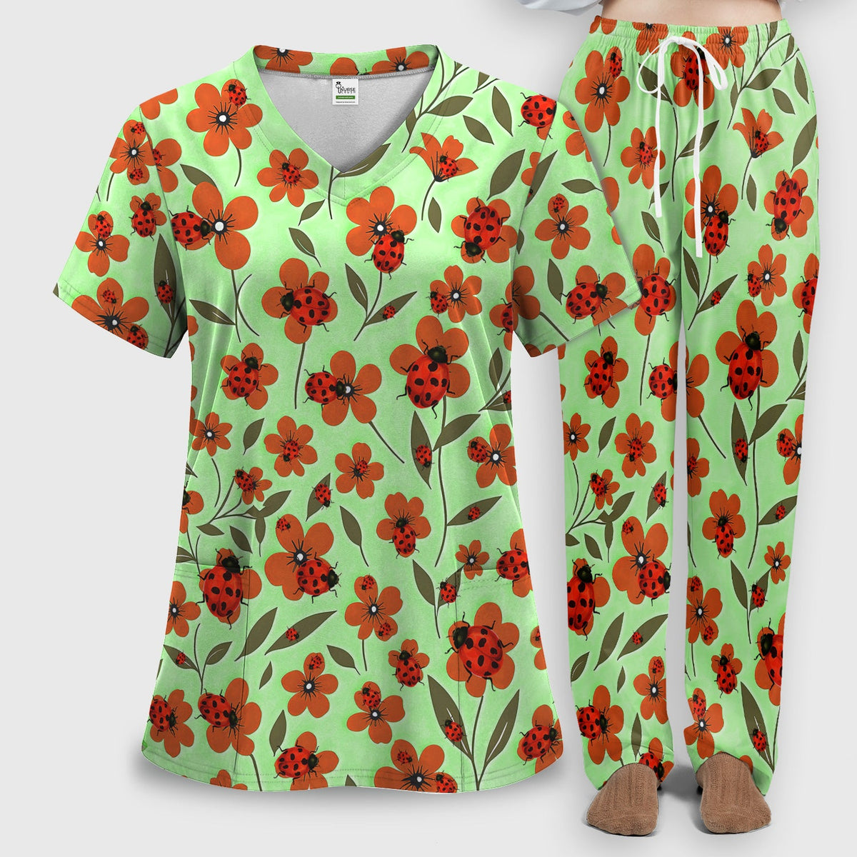 Ladybug Orange Floral Garden Nurse Scrub Set