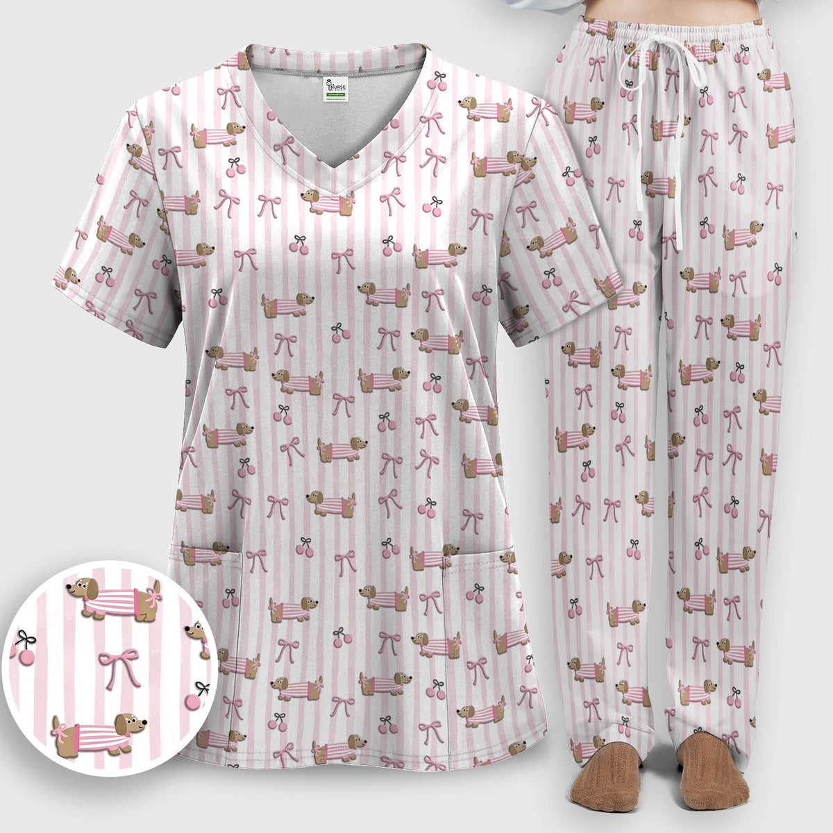 Dachshund Pink Stripe Nurse Scrub Set