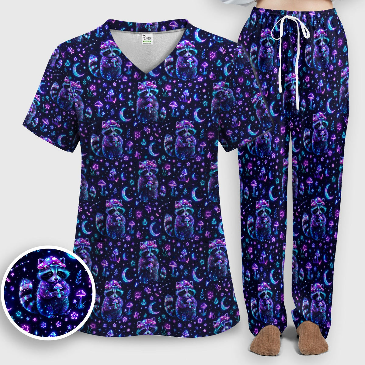 Neon Mushroom Raccoon Moonlight Nurse Scrub Set