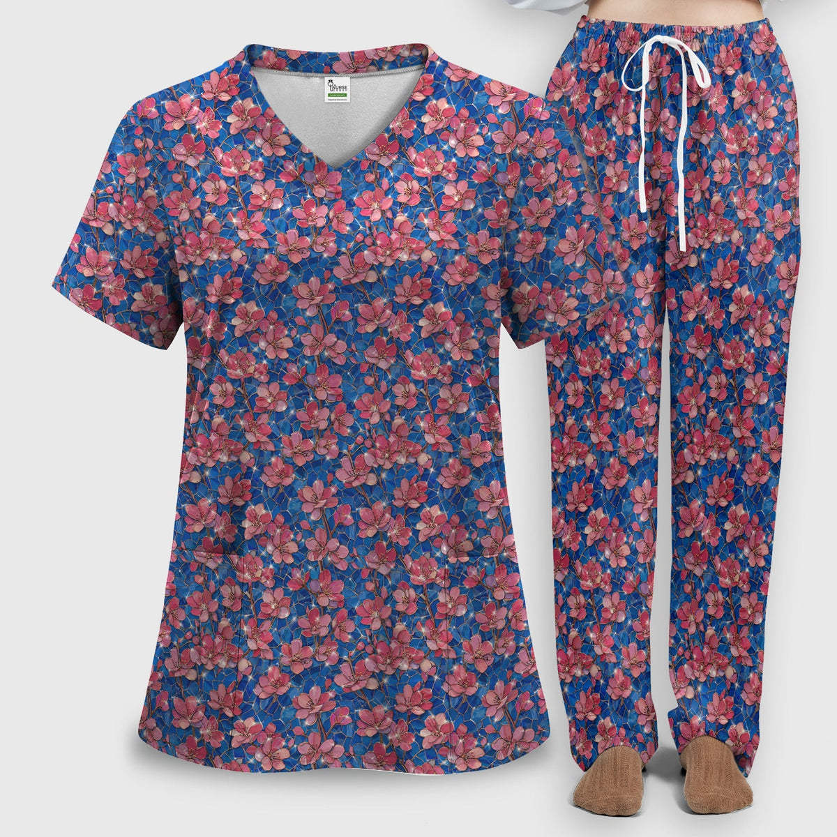 Pink Cherry Blossom Nurse Scrub Set