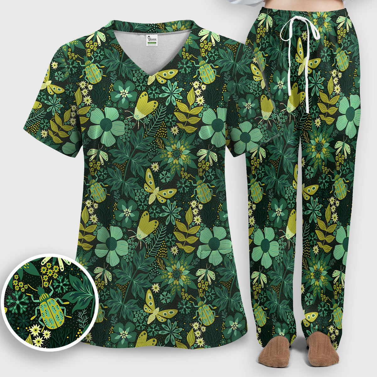 Green Botanical Butterfly Nurse Scrub Set