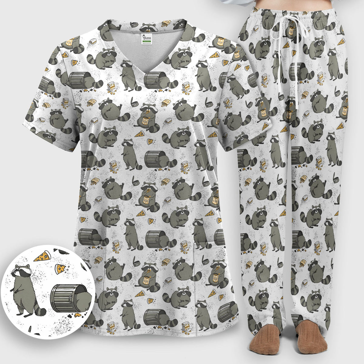 Raccoon Snack Trash Can Nurse Scrub Set