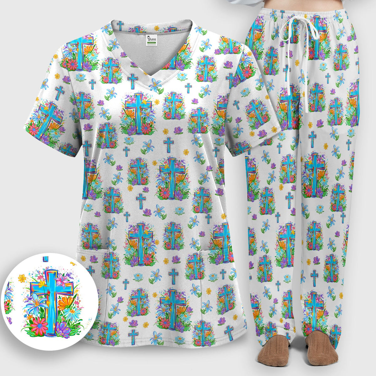 Christian Floral Cross Spring Nurse Scrub Set
