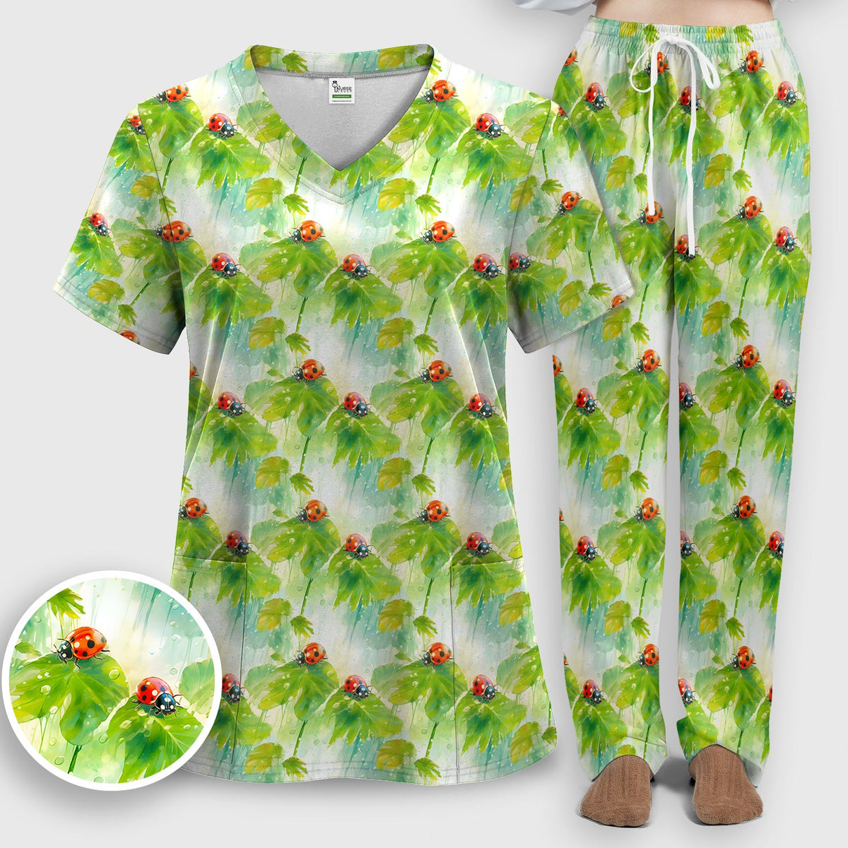 Ladybugs On Rainy Leaves Nurse Scrub Set