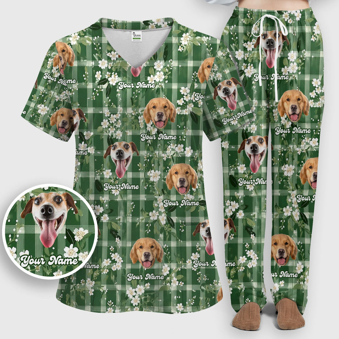 Dog Face Green Plaid Floral Nurse Scrub Set
