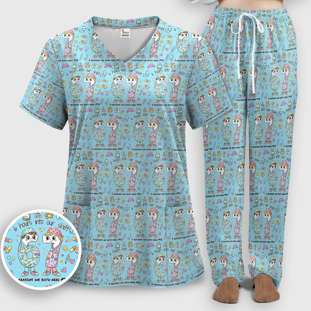 Six Hours Into Shift Blue Nurse Scrub Set