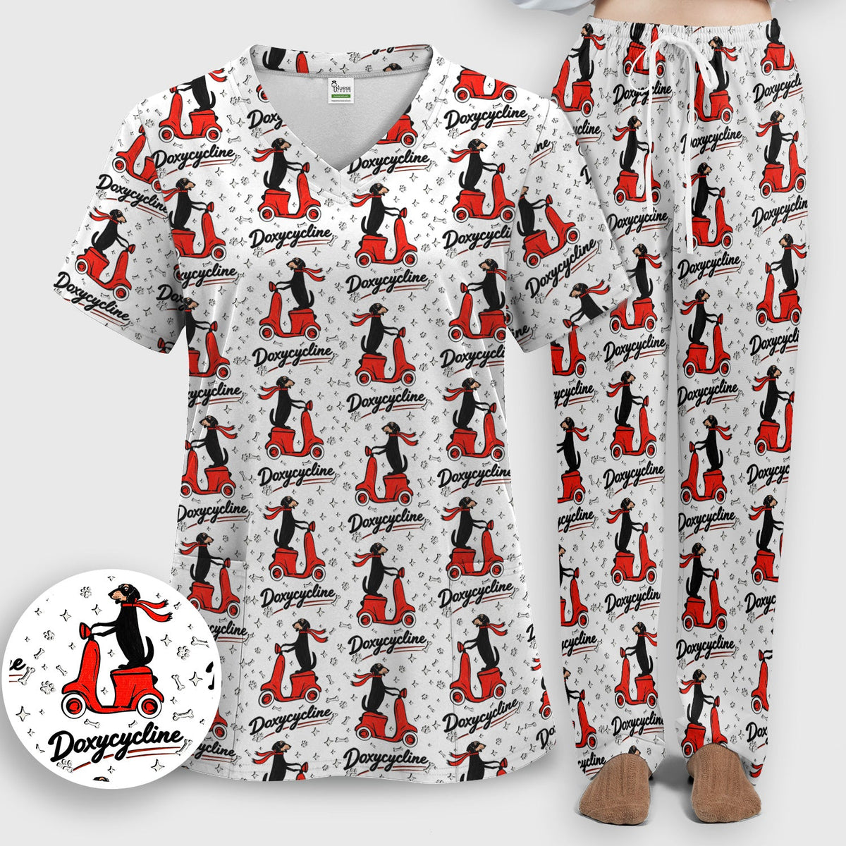 Dachshund Riding Scooter Nurse Scrub Set