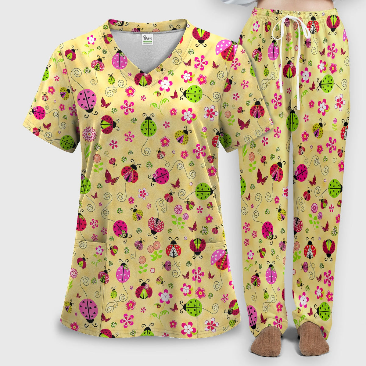 Yellow Ladybug Floral Garden Nurse Scrub Set