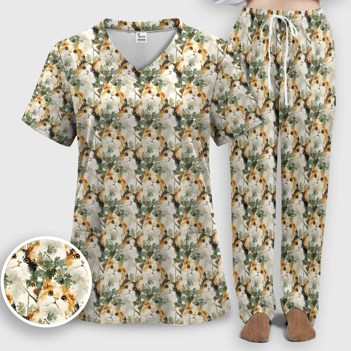 Fluffy Calico Cat Oak Leaves Nurse Scrub Set
