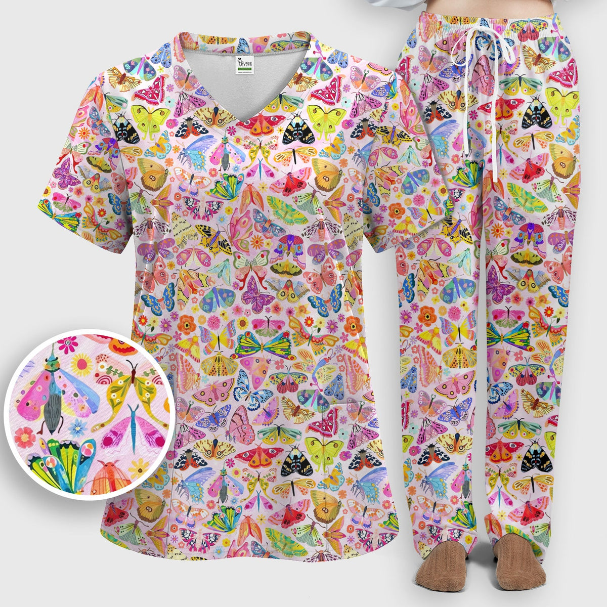 Cute Bright Butterfly Moth Floral Nurse Scrub Set