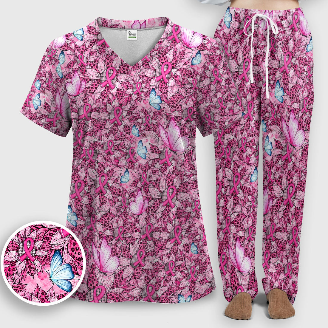 Pink Ribbon Butterfly Breast Cancer Nurse Scrub Set