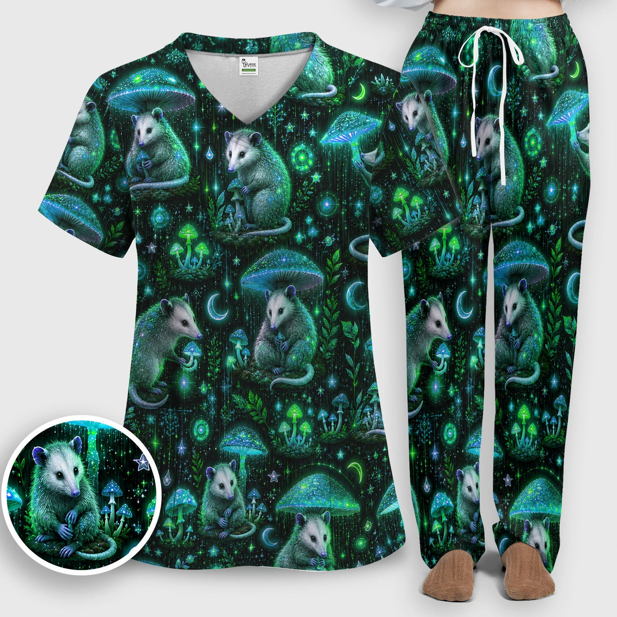 Moonlit Opossum Mushroom Nurse Scrub Set