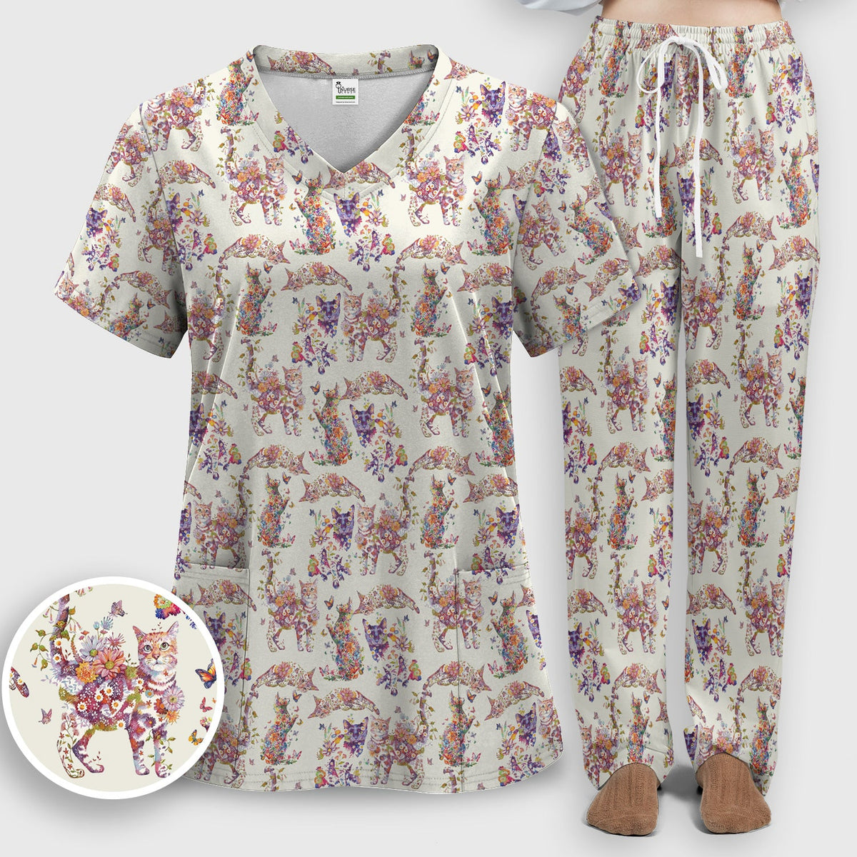 Whimsical Floral Cat Garden Nurse Scrub Set