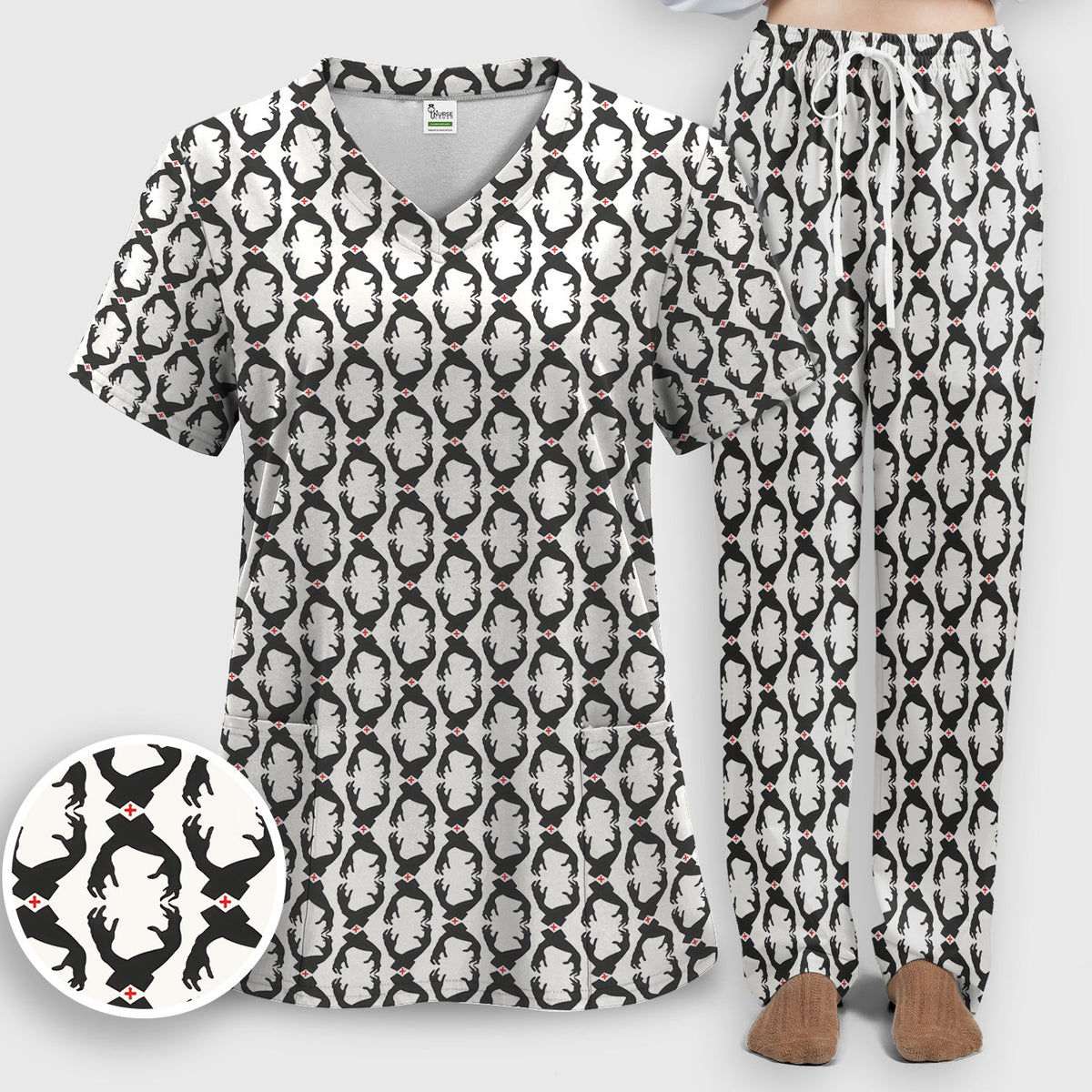 Creepy Hands Black White Red Nurse Scrub Set