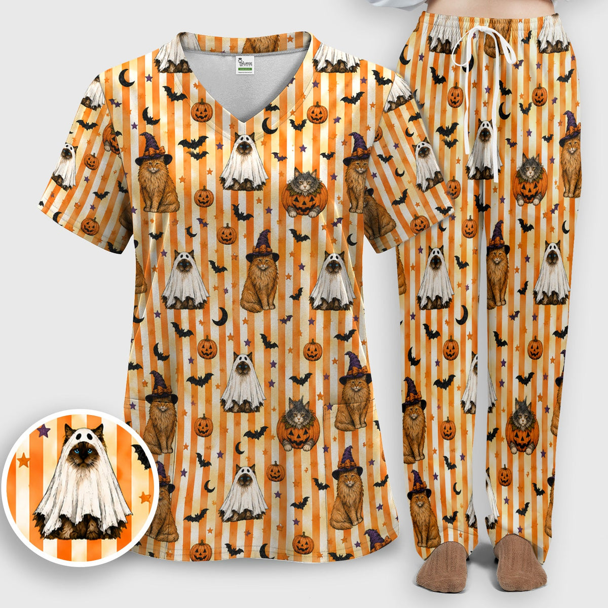 Cat Print Nurse Scrub Set - Halloween Gift