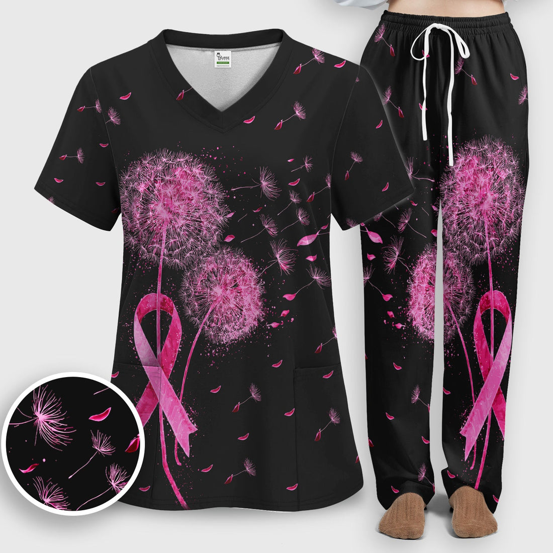 Pink Ribbon Dandelion Breast Cancer Nurse Scrub Set