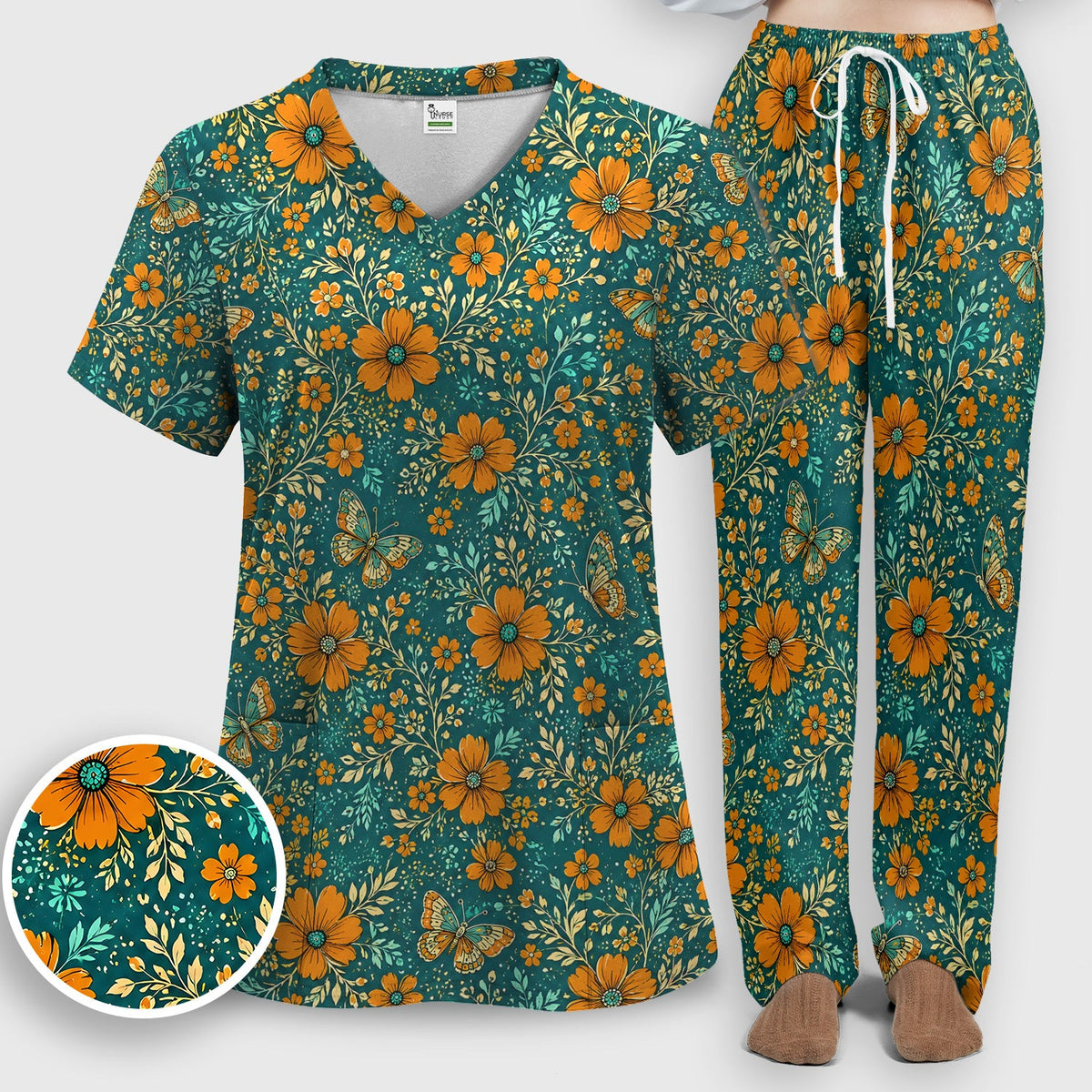 Orange Floral Butterfly Vine Nurse Scrub Set