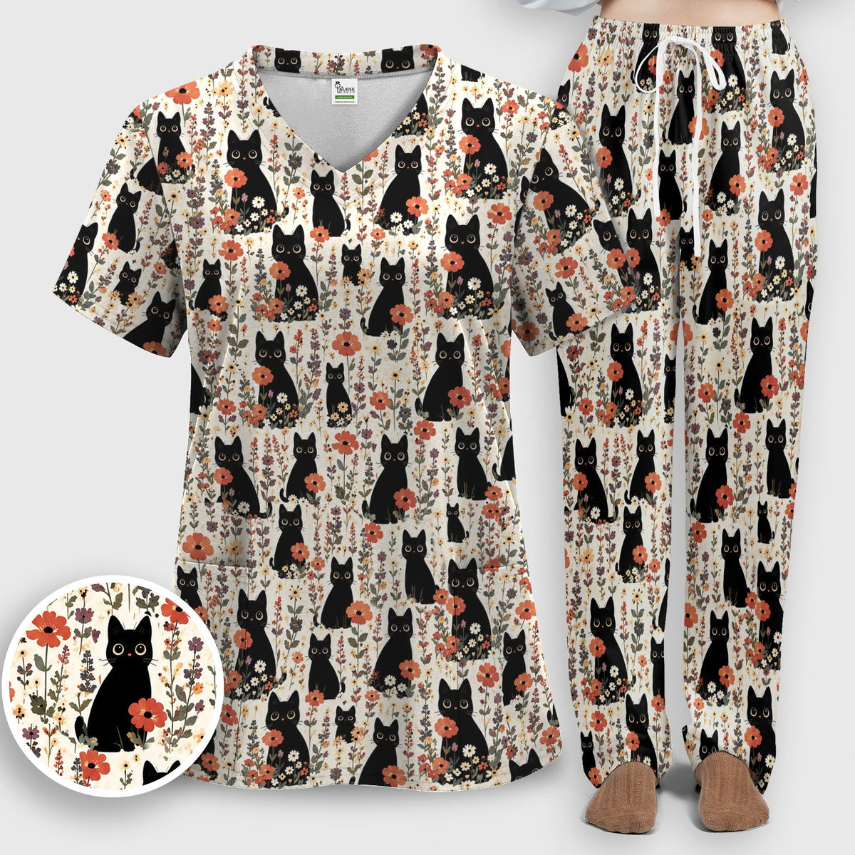 Cute Black Cat Wildflower Nurse Scrub Set