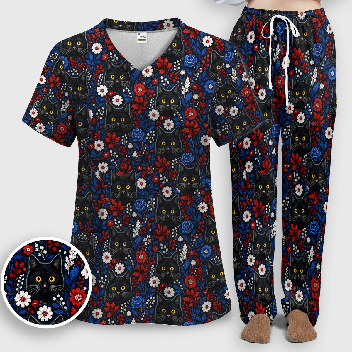 Black Cat Nurse Floral Scrub Set