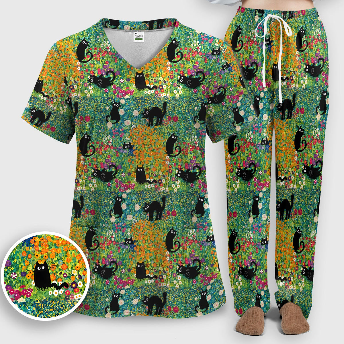 Black Cat Flower Garden Nurse Scrub Set