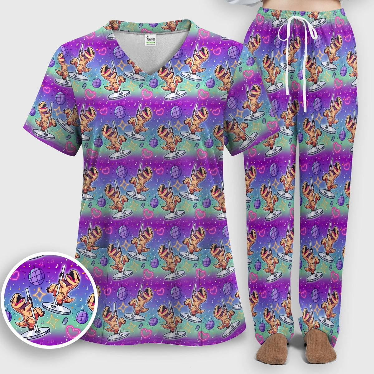 Dancing Dinosaur Disco Nurse Scrub Set