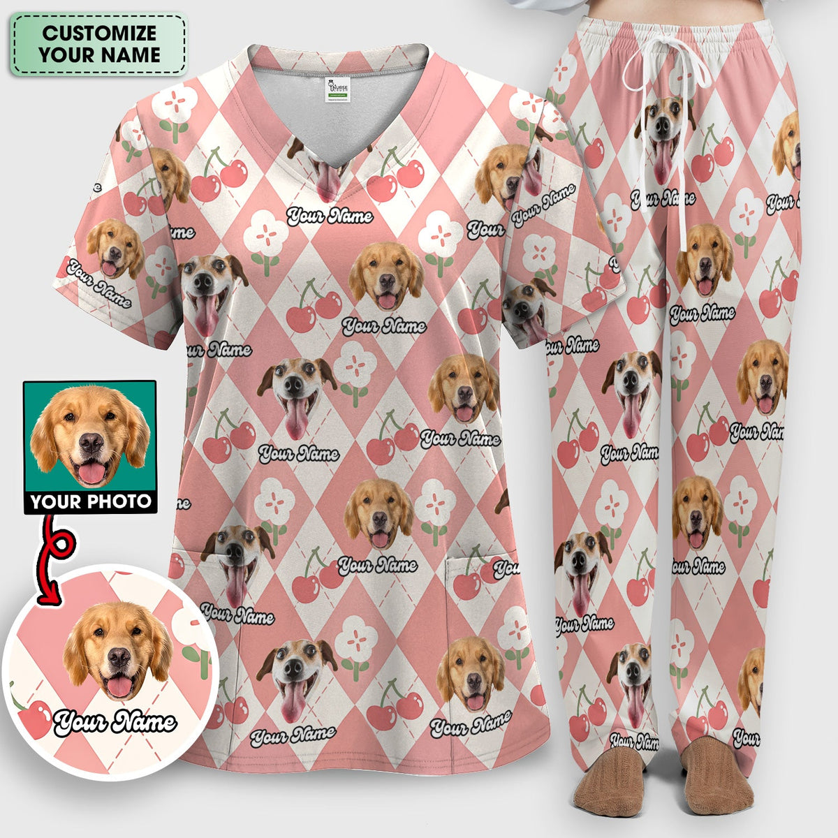 Dog Face Cherry Argyle Nurse Scrub Set