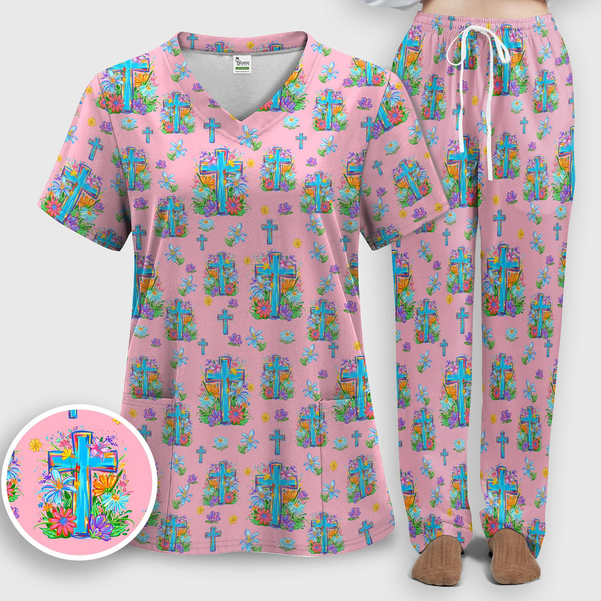 Christian Floral Cross Spring Nurse Scrub Set