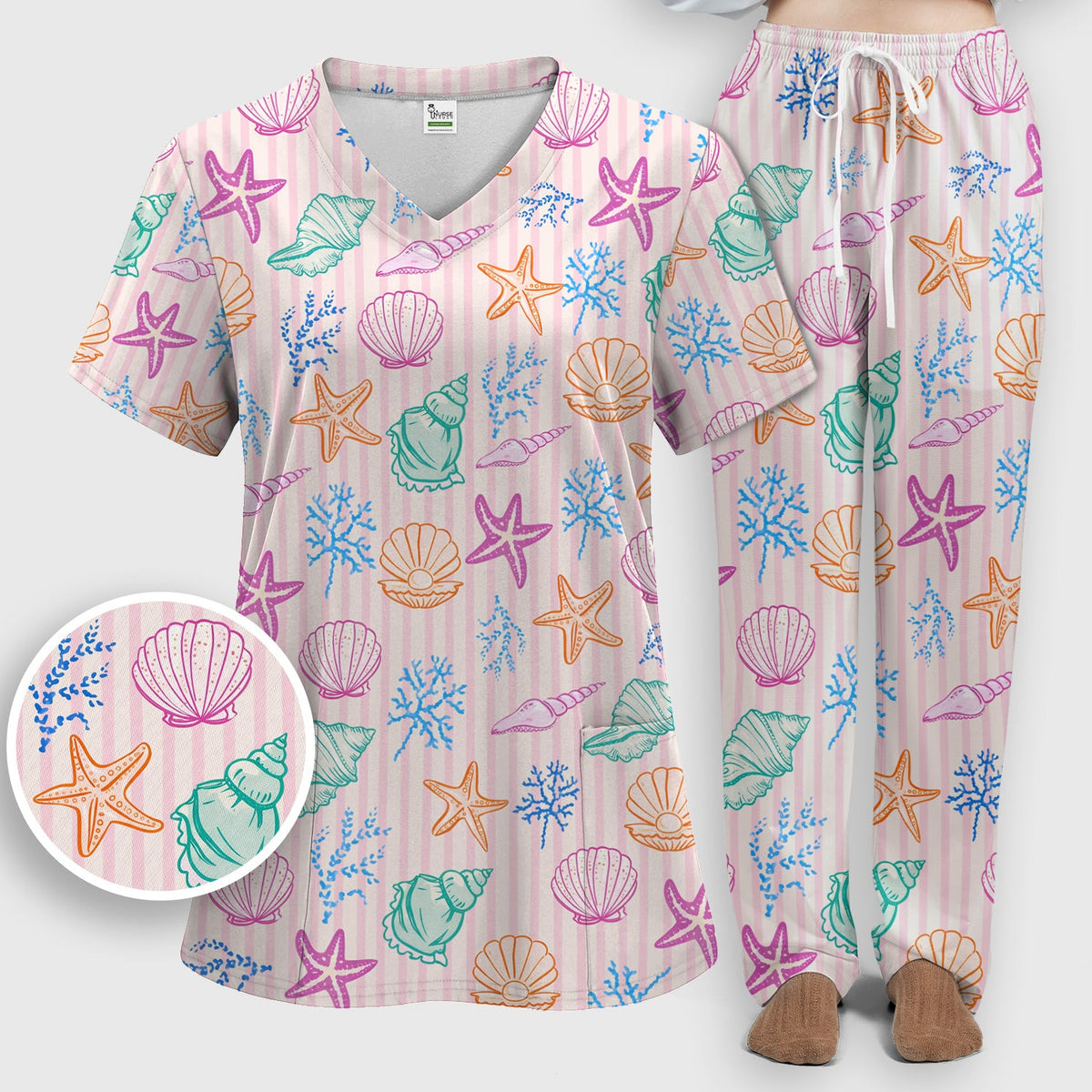 Colorful Seashell Starfish Ocean Stripe Nurse Scrub Set