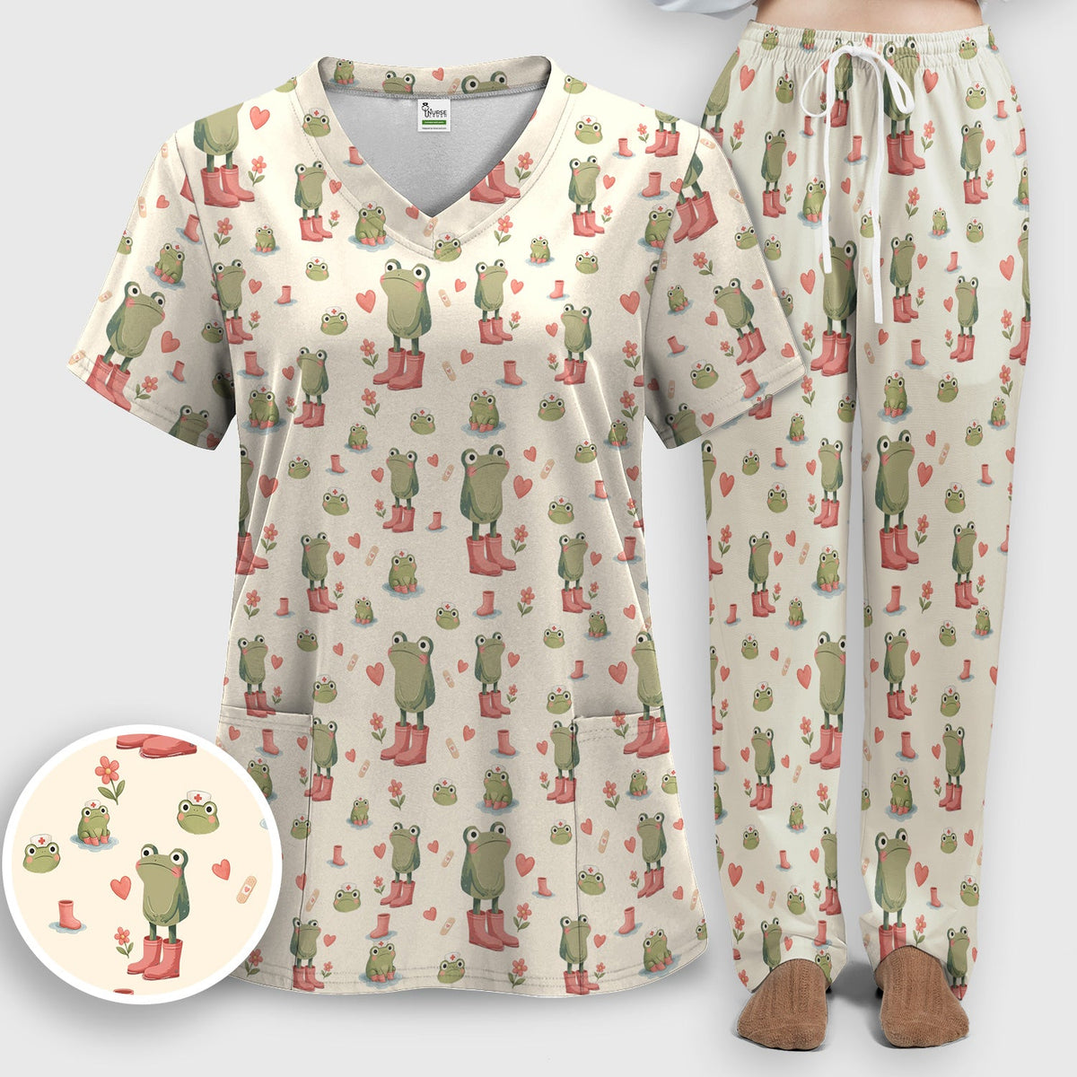 Adorable Frog Boots Heart Nurse Scrub Set