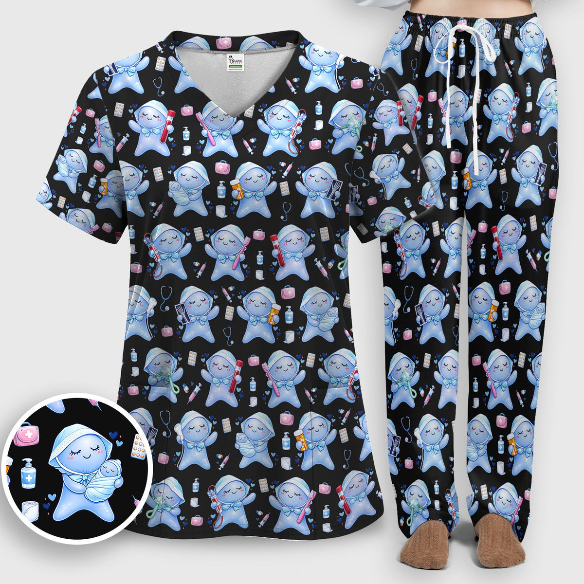 Dental Tooth Character Nurse Scrub Set